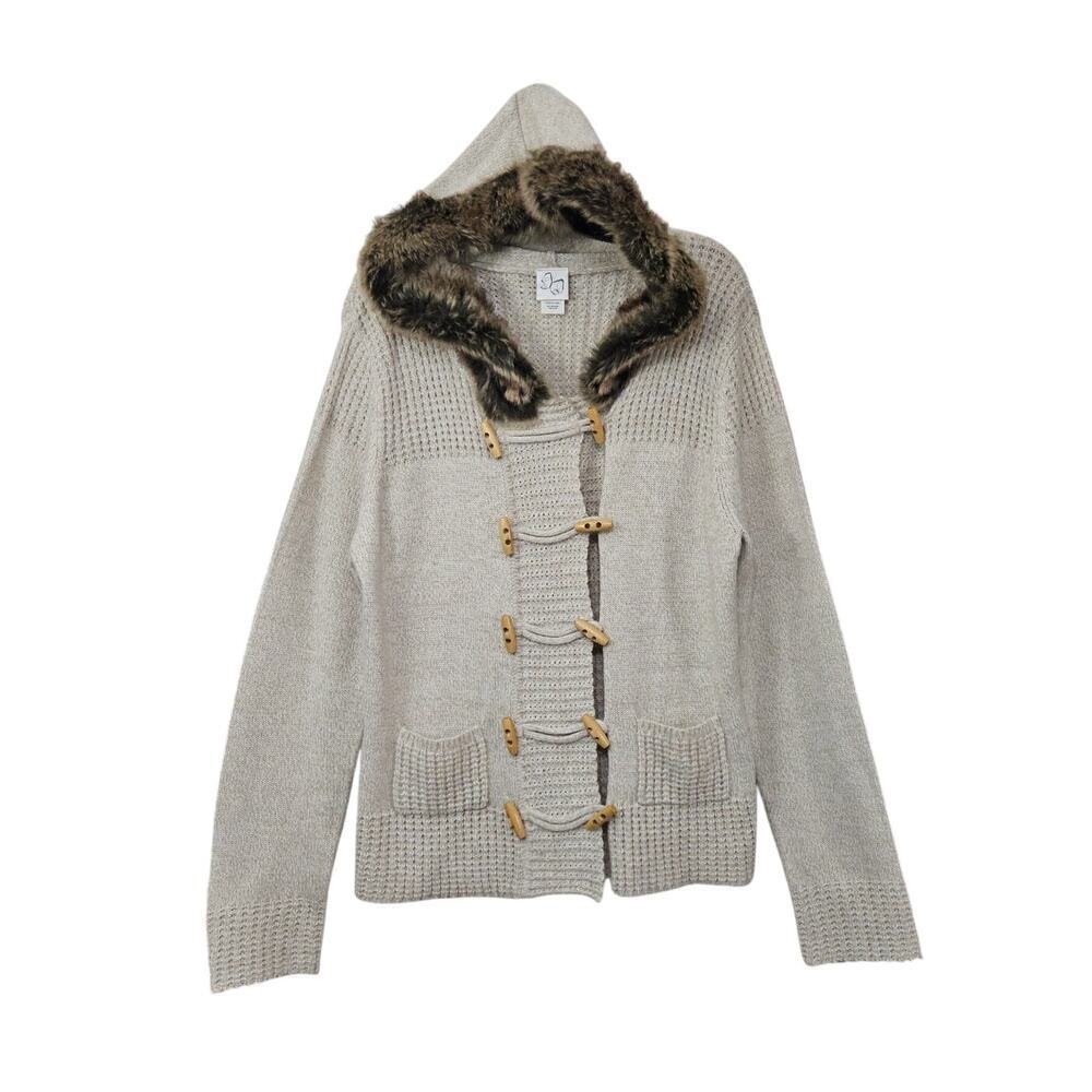 VTG Y2K Women's Sweater Cardigan Faux Fur Hoodie Cream Toggle Closure Sz X-Large